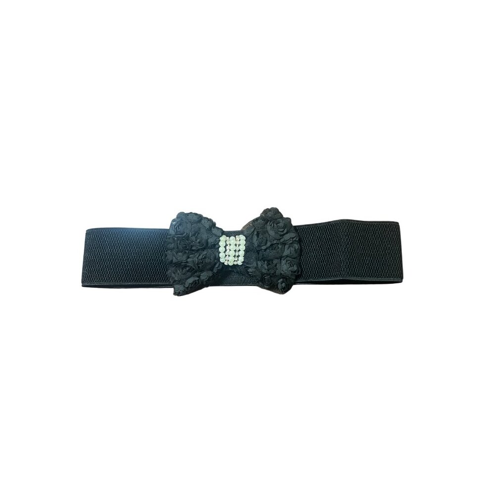Black Elastic Waist Belt Floral Bow Faux Pearl Clear Rhinestones Snap Closure